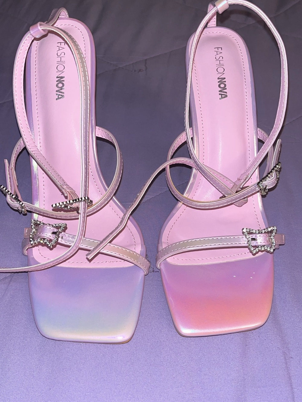 Fashion Nova Pink Iridescent Square-Toe Strappy Heels